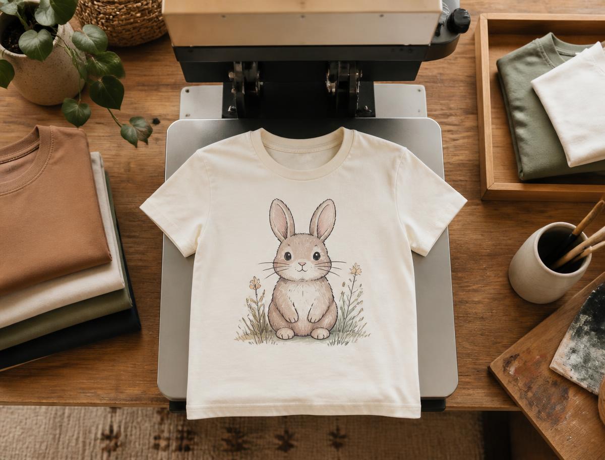 A cream t-shirt on a heat press, printed with a cute hand-drawn bunny illustration